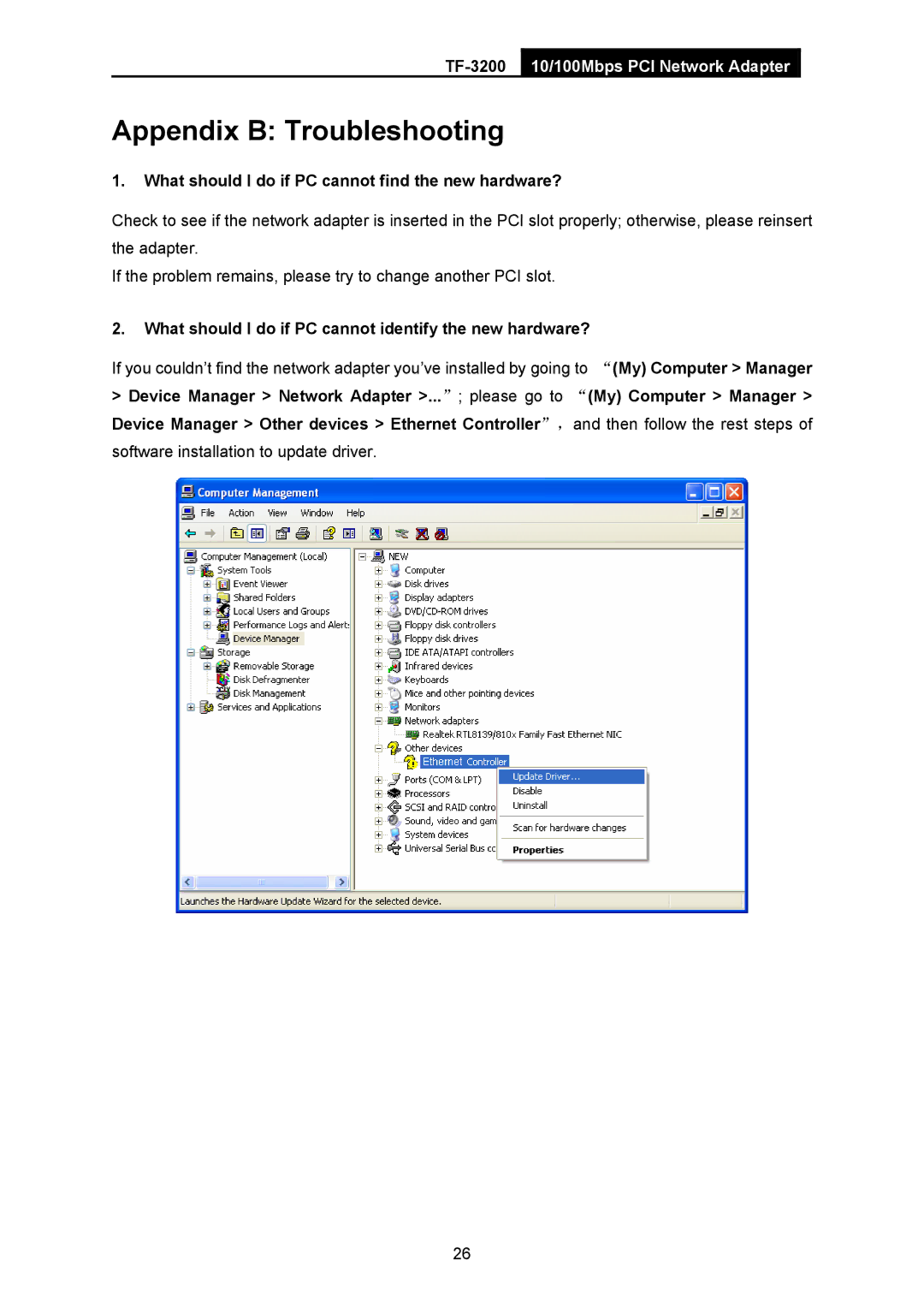 TP-Link TF-3200 manual Appendix B Troubleshooting, What should I do if PC cannot find the new hardware? 