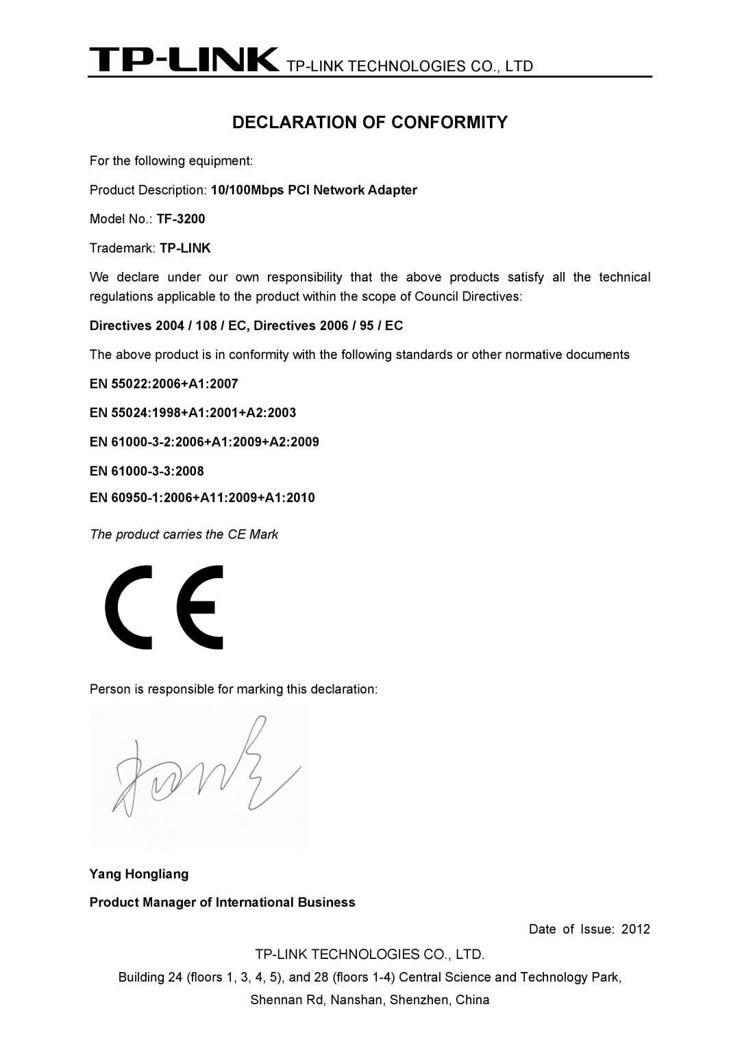 TP-Link TF-3200 manual Declaration of Conformity 