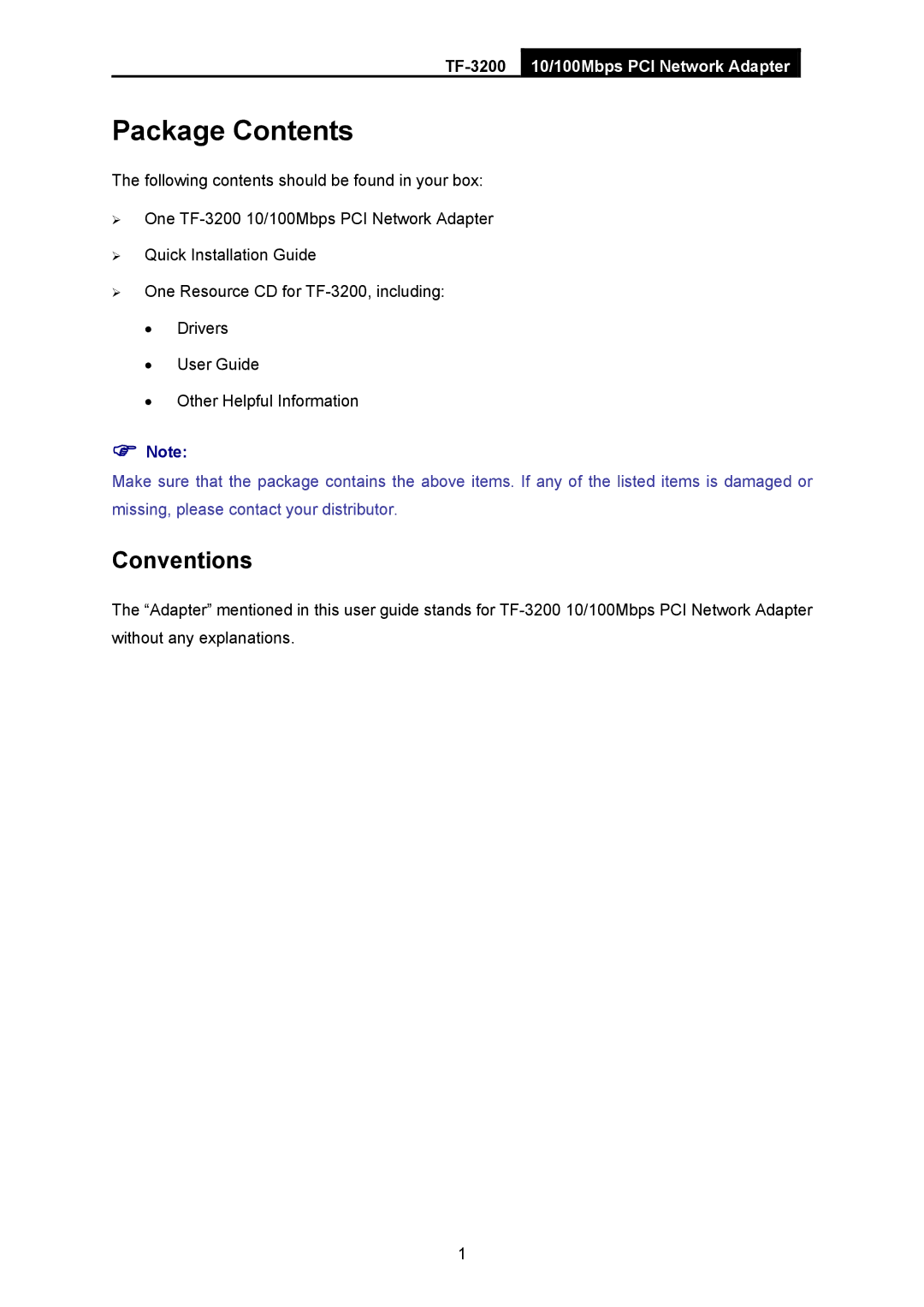 TP-Link TF-3200 manual Package Contents 