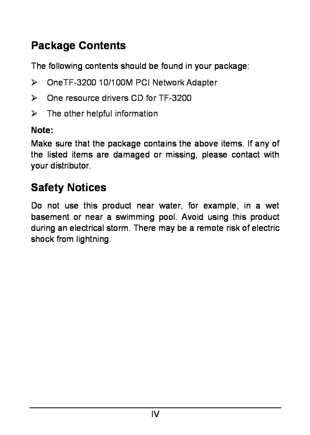 TP-Link TF-3200 manual Package Contents, Safety Notices 