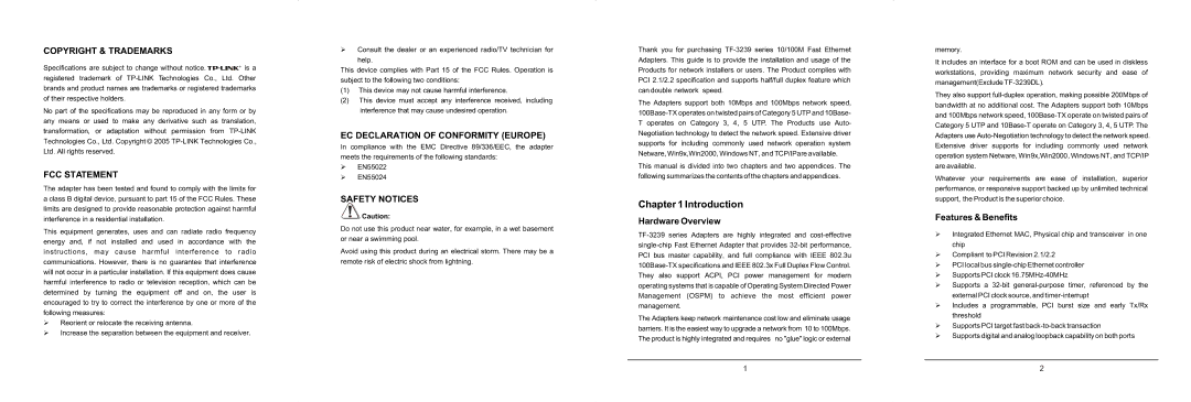 TP-Link TF-3239DL Introduction, Copyright & Trademarks FCC Statement, EC Declaration of Conformity Europe, Safety Notices 