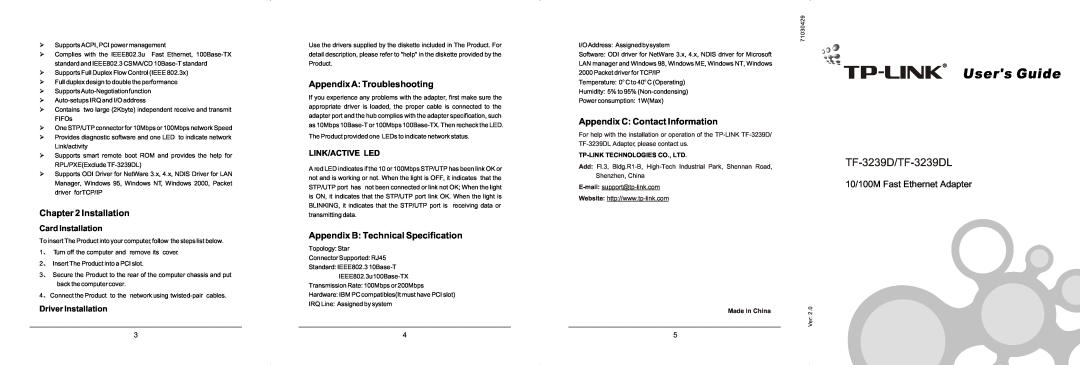 TP-Link TF-3239DL appendix Appendix A Troubleshooting, Appendix B Technical Specification, Card Installation 