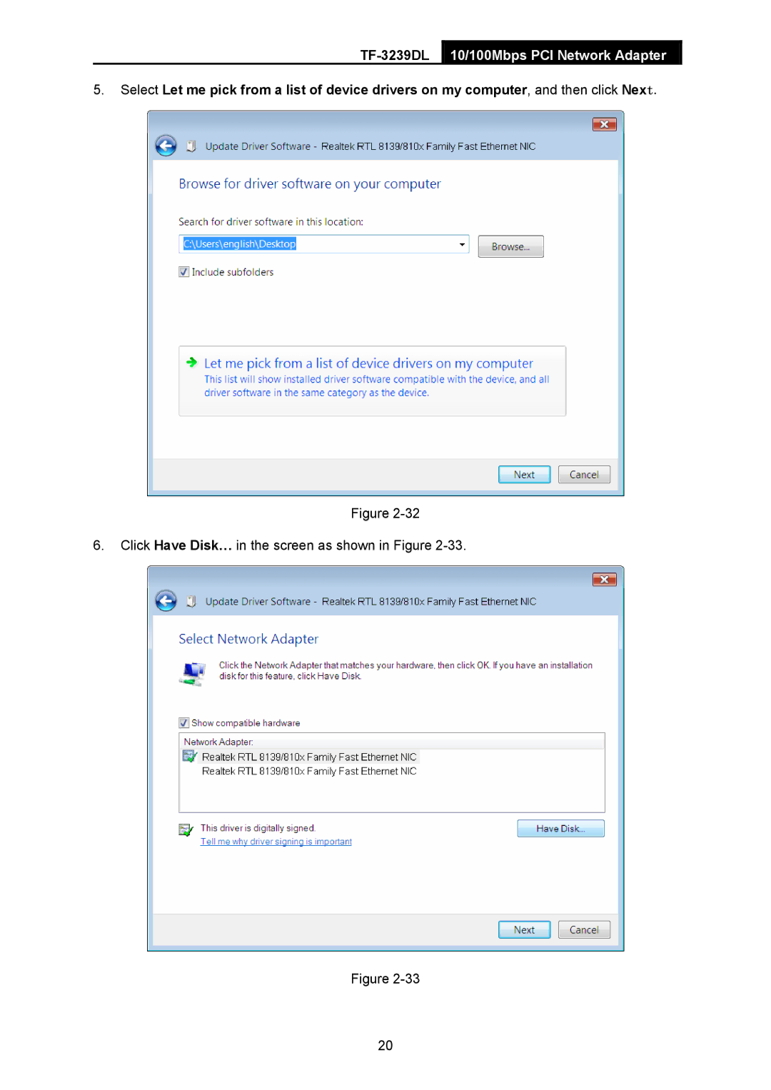 TP-Link TF-3239DL manual Click Have Disk… in the screen as shown in Figure 