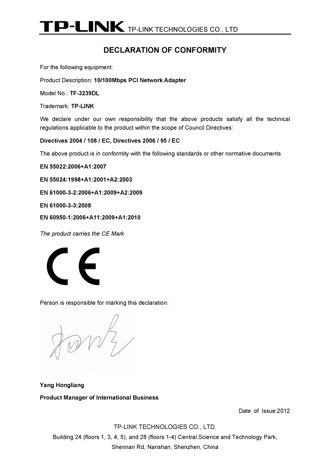 TP-Link TF-3239DL manual Declaration of Conformity 