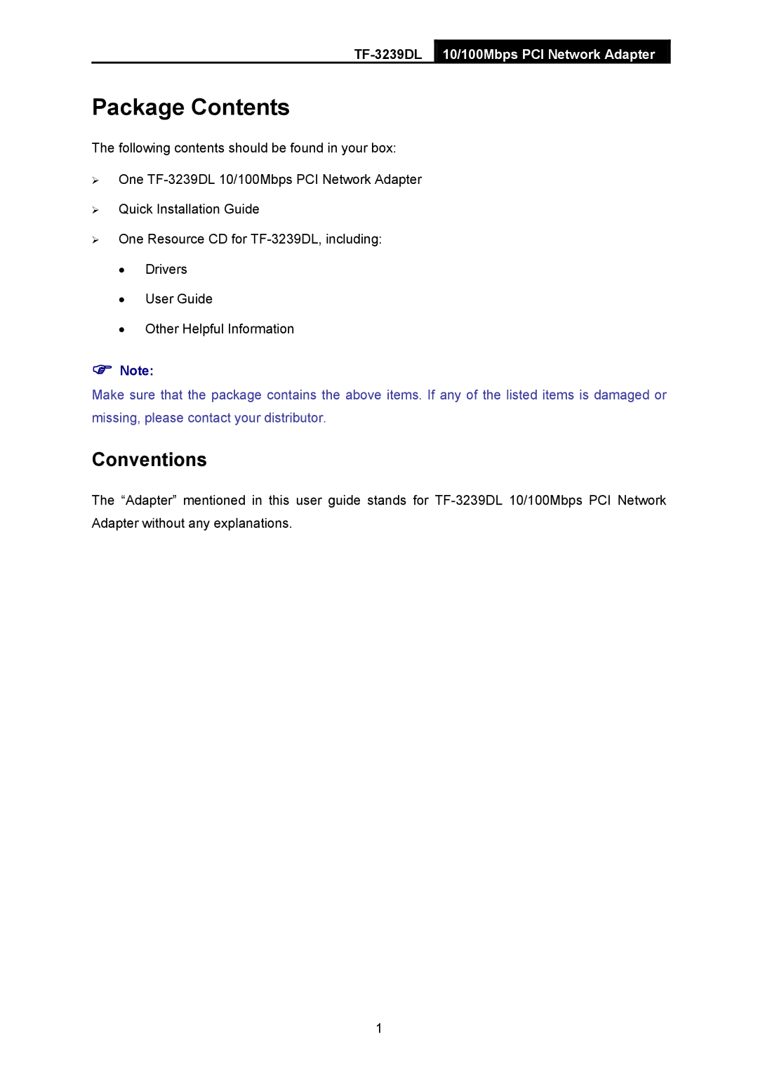 TP-Link TF-3239DL manual Package Contents 