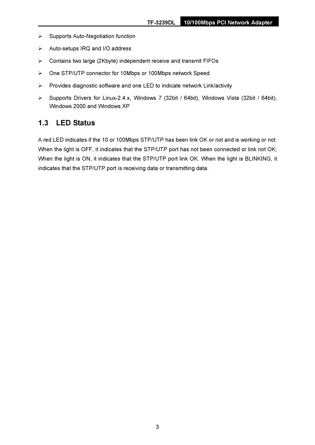 TP-Link TF-3239DL manual LED Status 