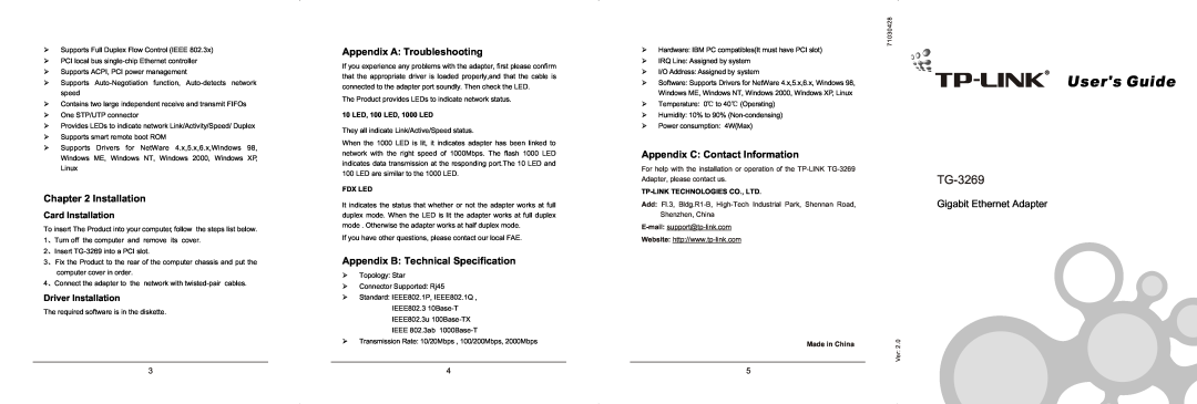 TP-Link TG-3269 appendix Appendix A Troubleshooting, Appendix B Technical Specification, Card Installation, Fdx Led 