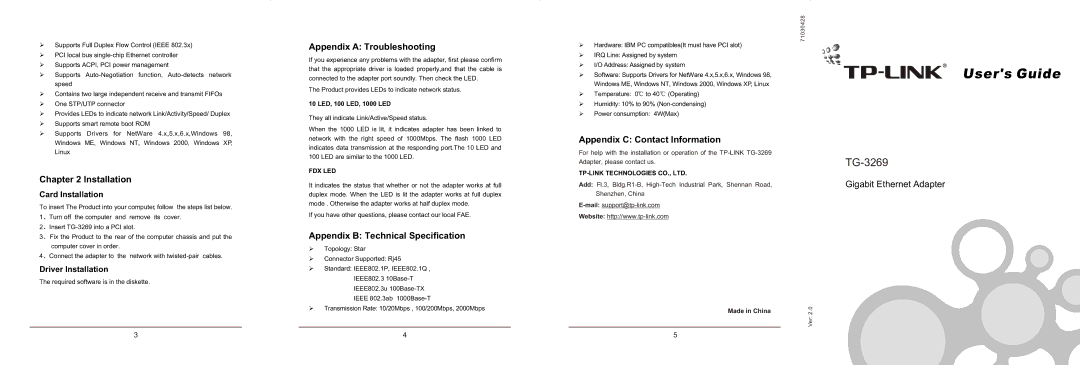 TP-Link TG-3269 appendix Installation, Appendix a Troubleshooting, Appendix B Technical Specification 