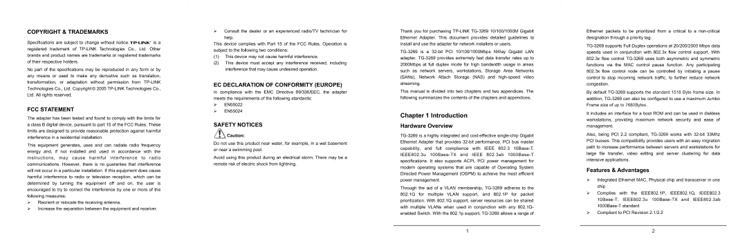 TP-Link TG-3269 Introduction, Copyright & Trademarks FCC Statement, EC Declaration of Conformity Europe, Safety Notices 