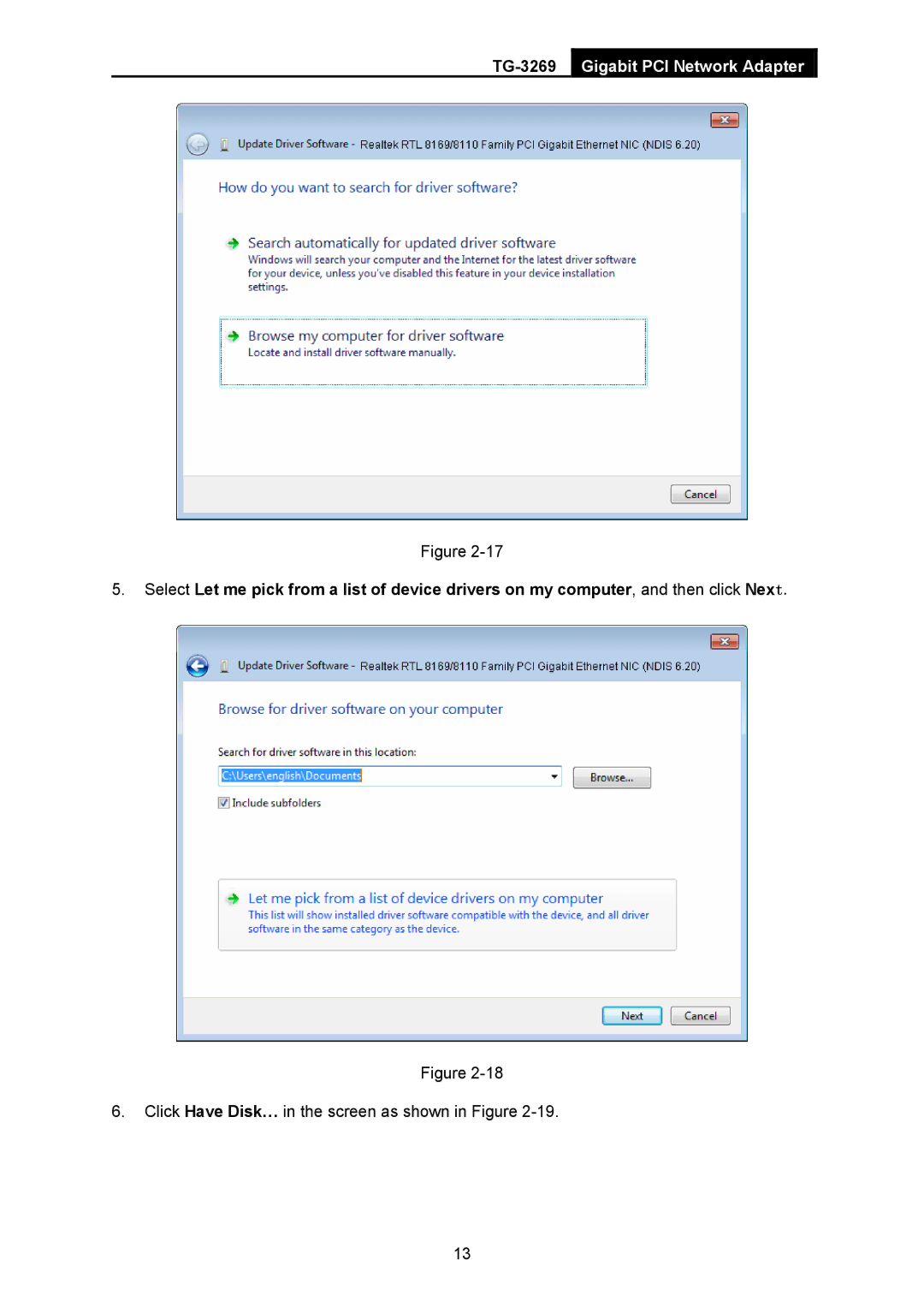 TP-Link TG-3269 manual Click Have Disk… in the screen as shown in Figure 