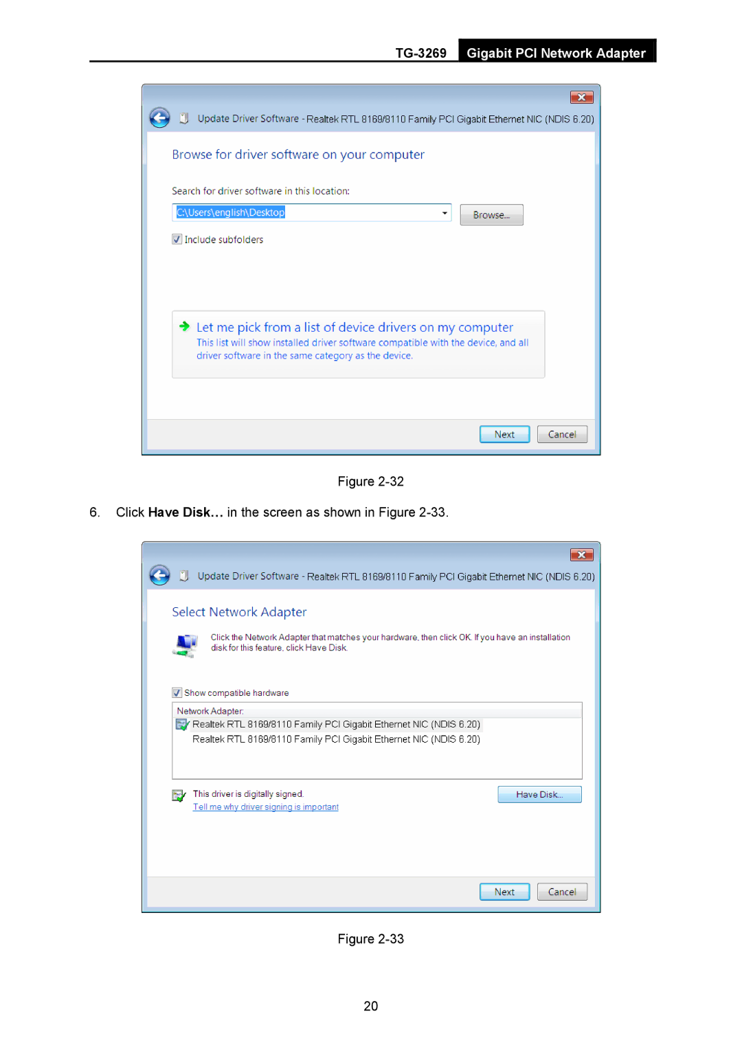 TP-Link TG-3269 manual Click Have Disk… in the screen as shown in Figure 