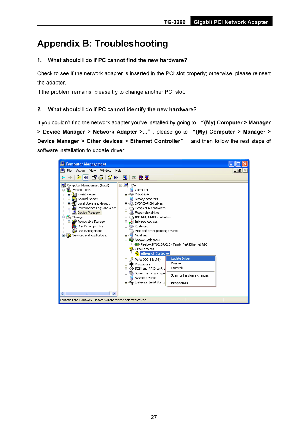 TP-Link TG-3269 manual Appendix B Troubleshooting, What should I do if PC cannot find the new hardware? 