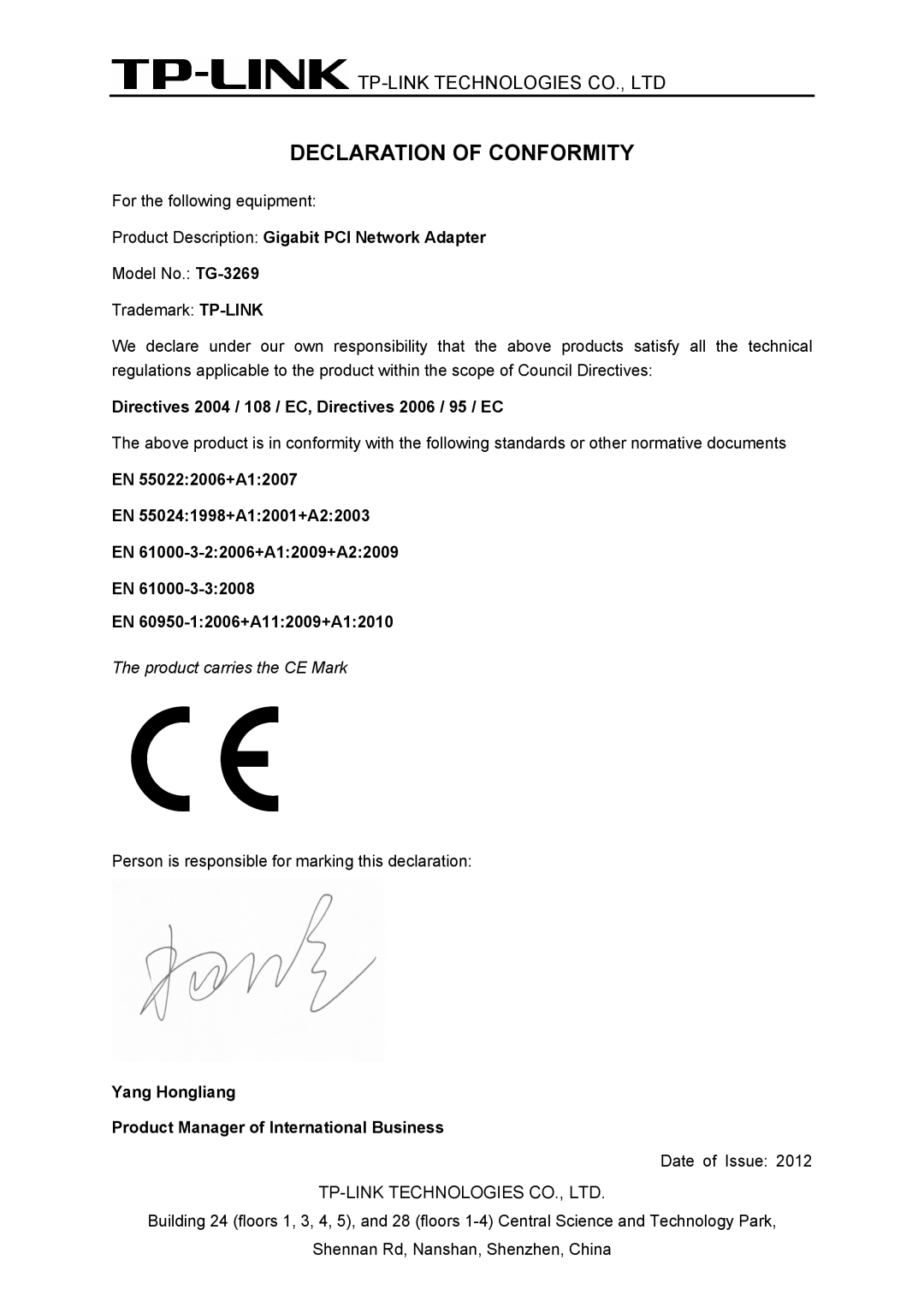 TP-Link TG-3269 manual Declaration of Conformity 