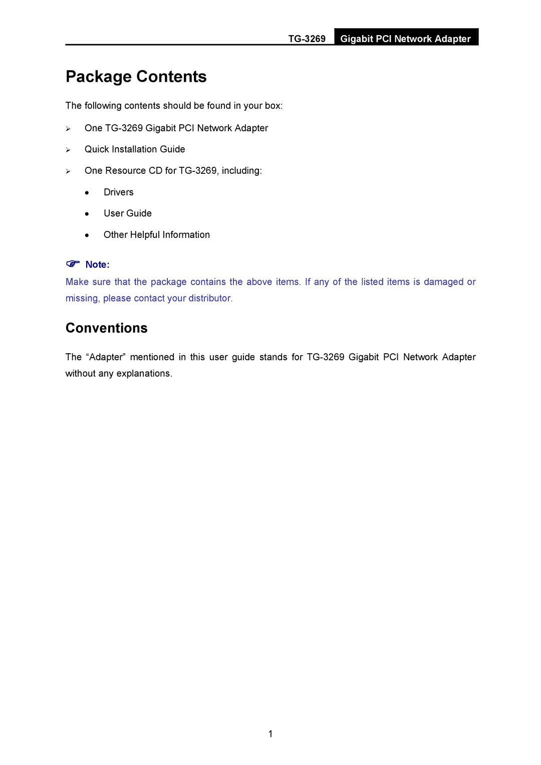 TP-Link TG-3269 manual Package Contents 