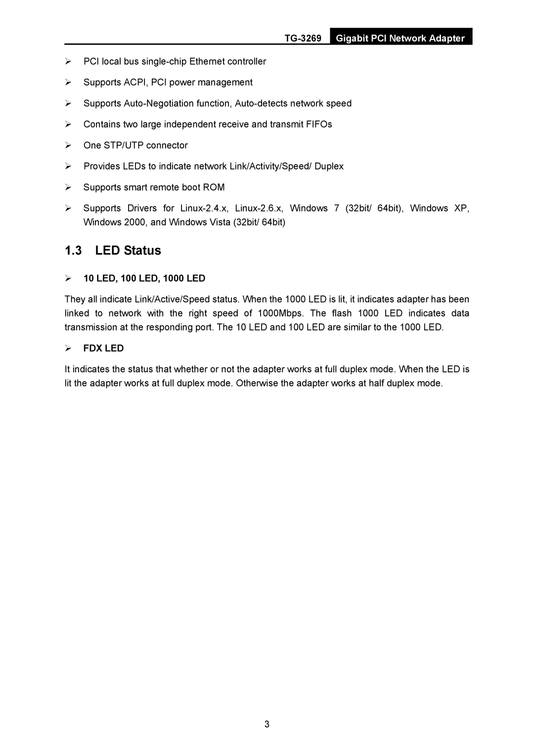 TP-Link TG-3269 manual LED Status 