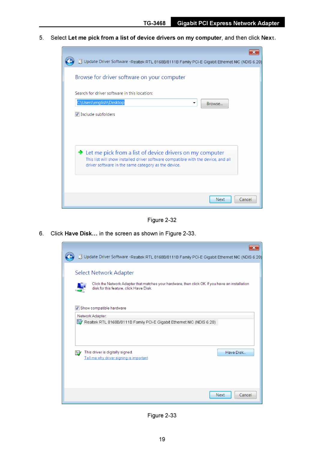 TP-Link TG-3468 manual Click Have Disk… in the screen as shown in Figure 