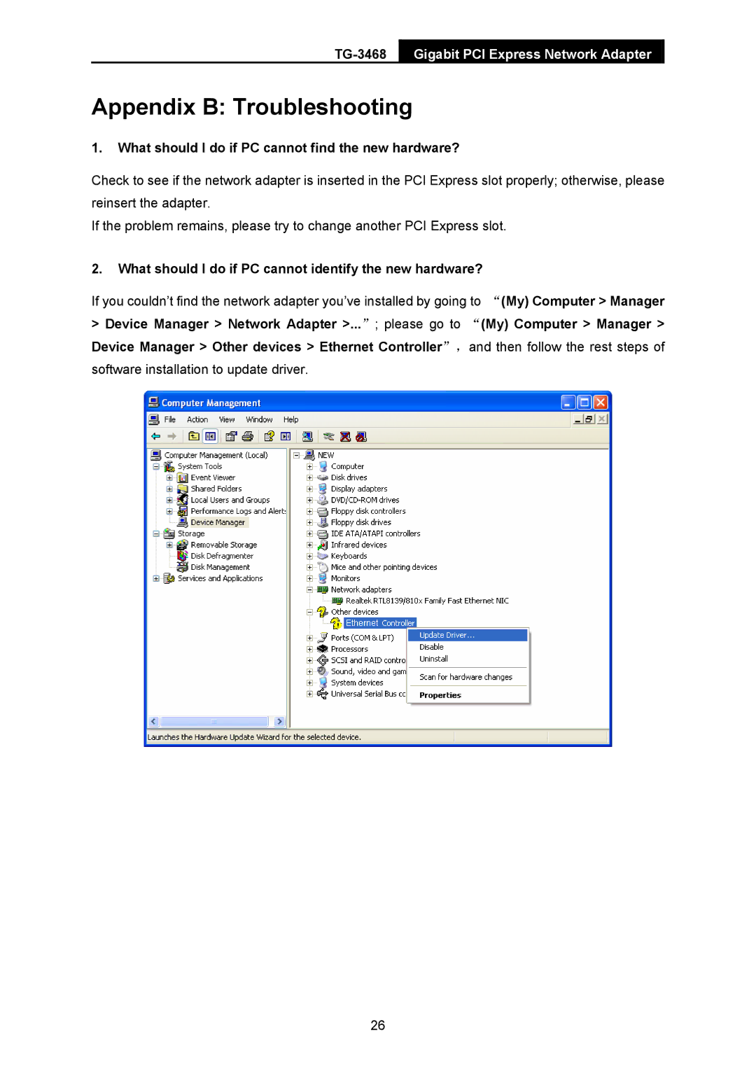 TP-Link TG-3468 manual Appendix B Troubleshooting, What should I do if PC cannot find the new hardware? 