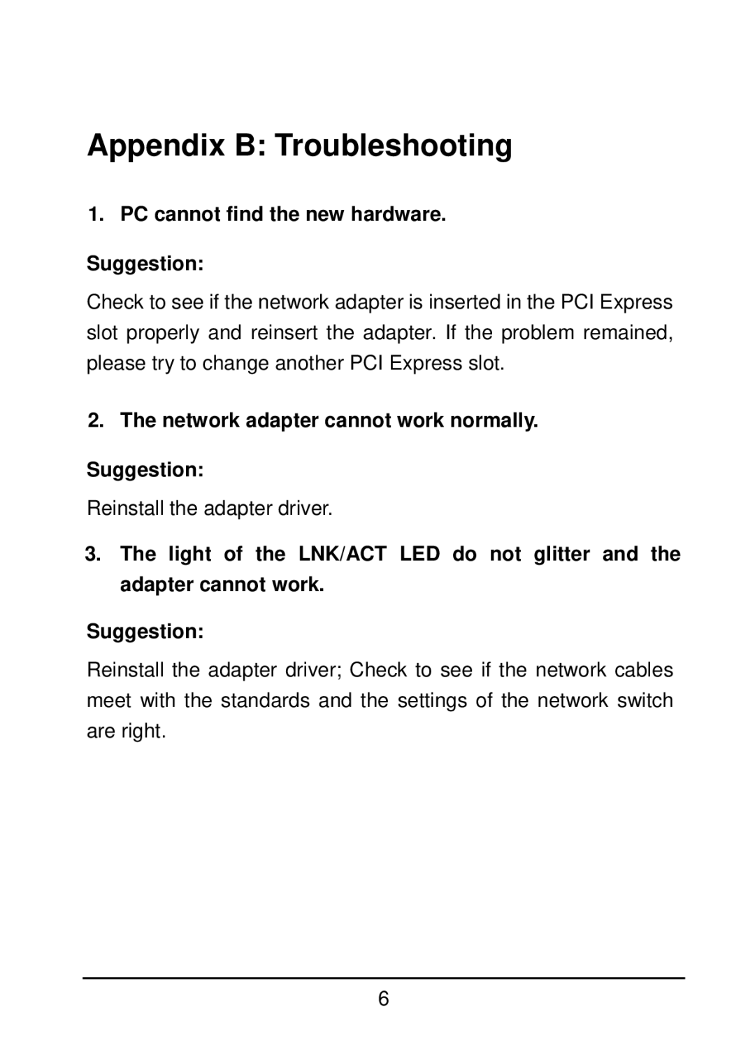 TP-Link TG-3468 manual Appendix B Troubleshooting, PC cannot find the new hardware Suggestion 