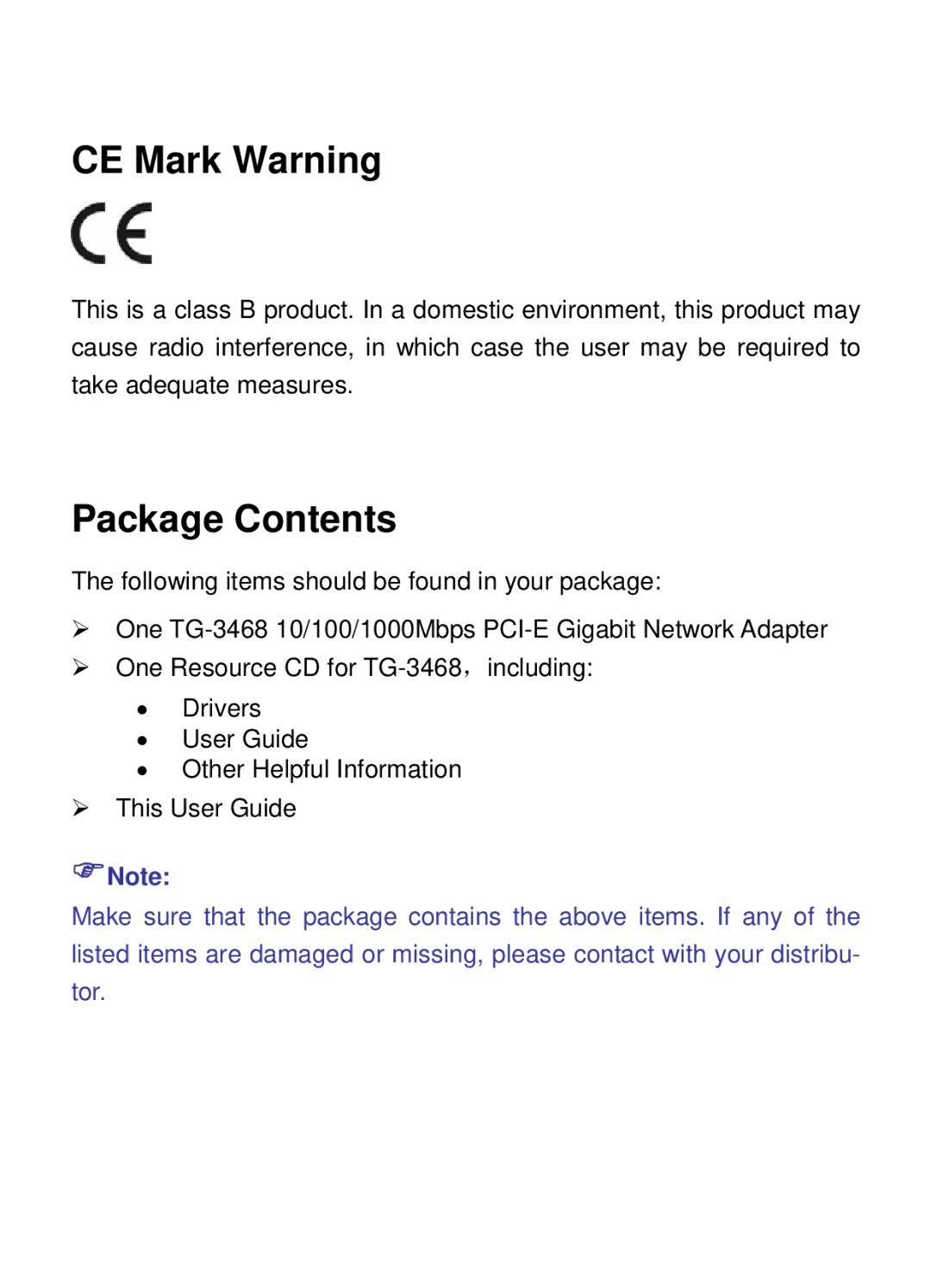 TP-Link TG-3468 manual CE Mark Warning, Package Contents 