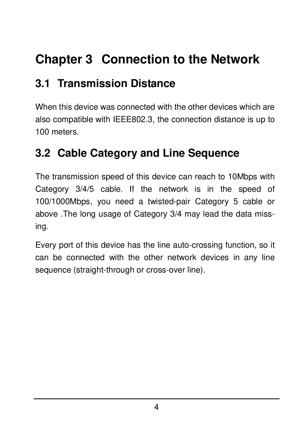 TP-Link TG-3468 manual Connection to the Network, Transmission Distance, Cable Category and Line Sequence 