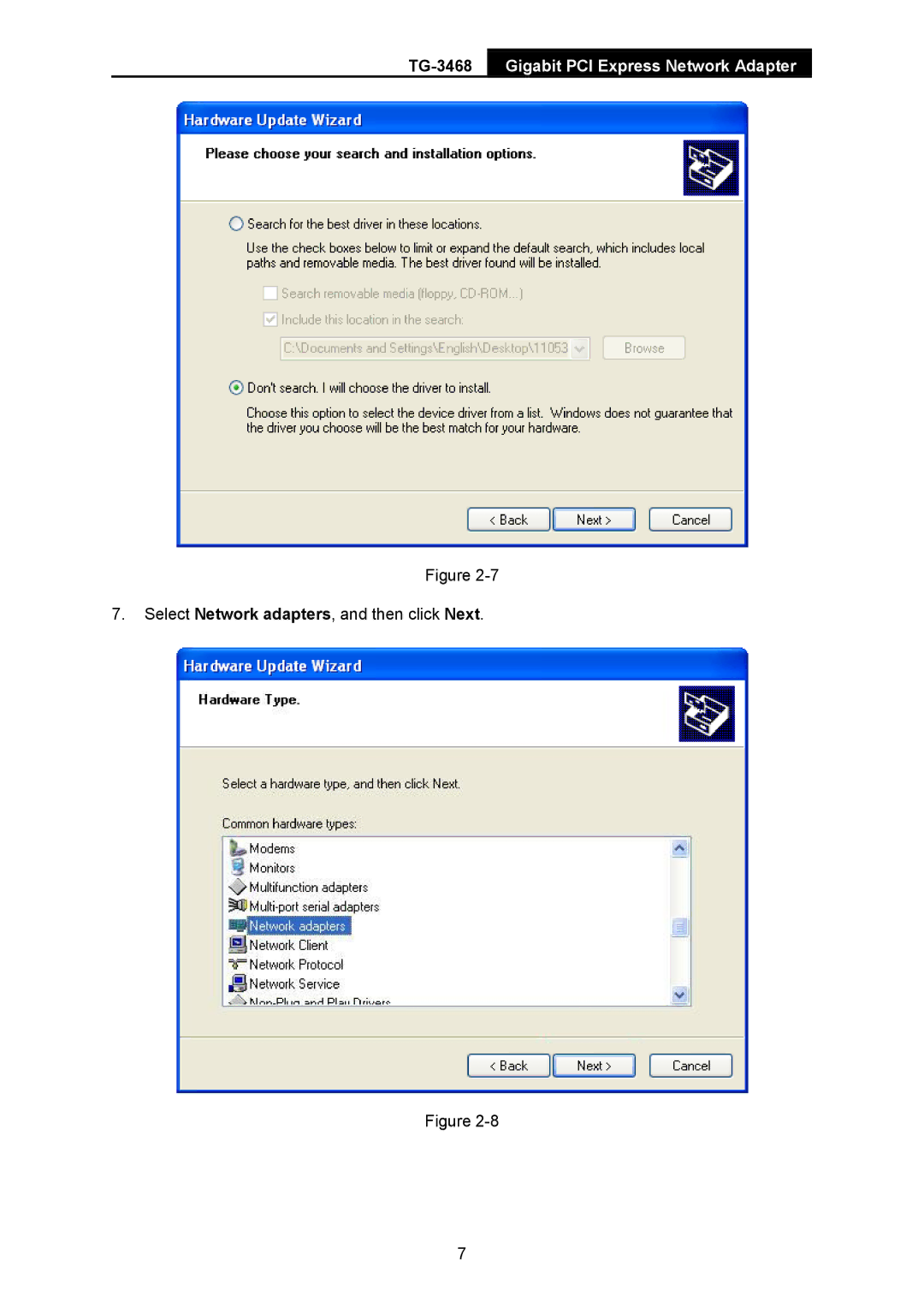TP-Link TG-3468 manual Select Network adapters, and then click Next 