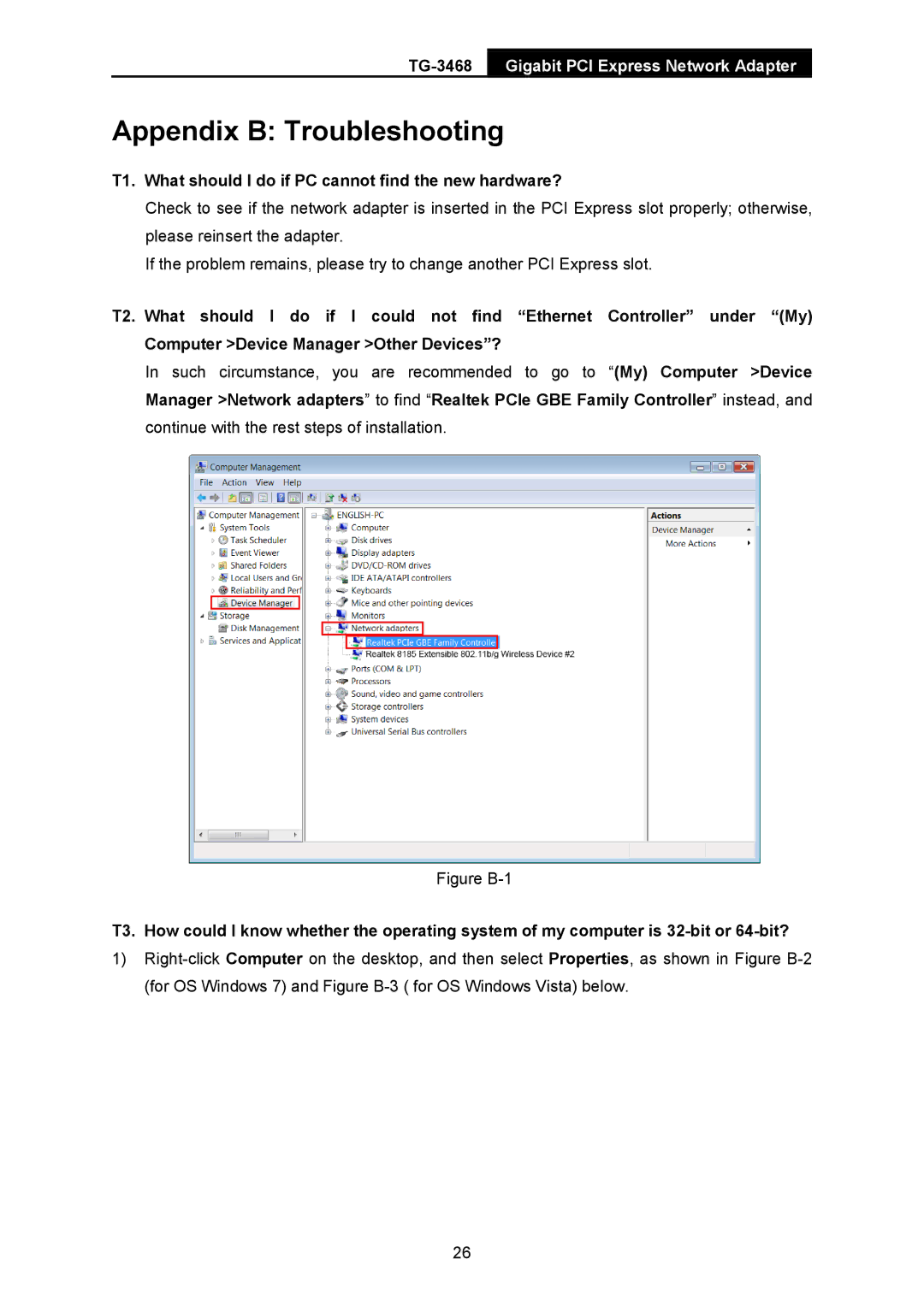 TP-Link TG-3468 manual Appendix B Troubleshooting, T1. What should I do if PC cannot find the new hardware? 