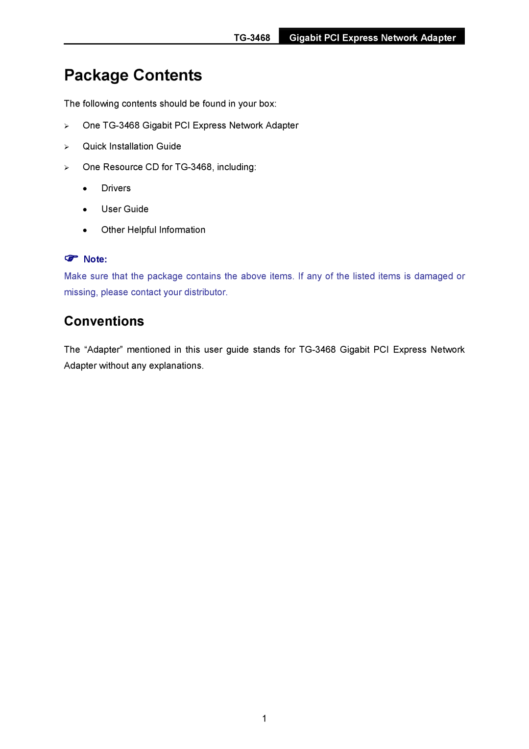 TP-Link TG-3468 manual Package Contents 