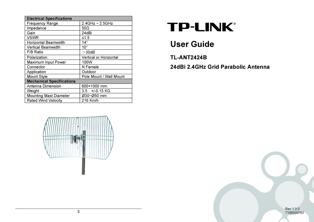 TP-Link TL-ANT2424B manual User Guide, 24dBi 2.4GHz Grid Parabolic Antenna, Electrical Specifications 