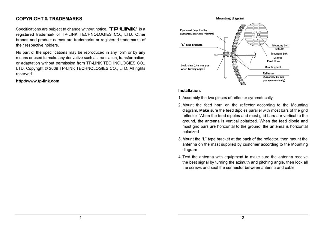 TP-Link TL-ANT2424B manual Copyright & Trademarks, Installation 