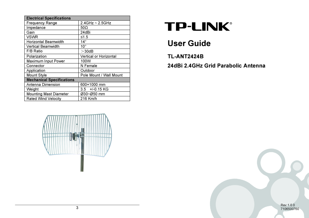 TP-Link TL-ANT2424B manual Electrical Specifications, Mechanical Specifications, User Guide 