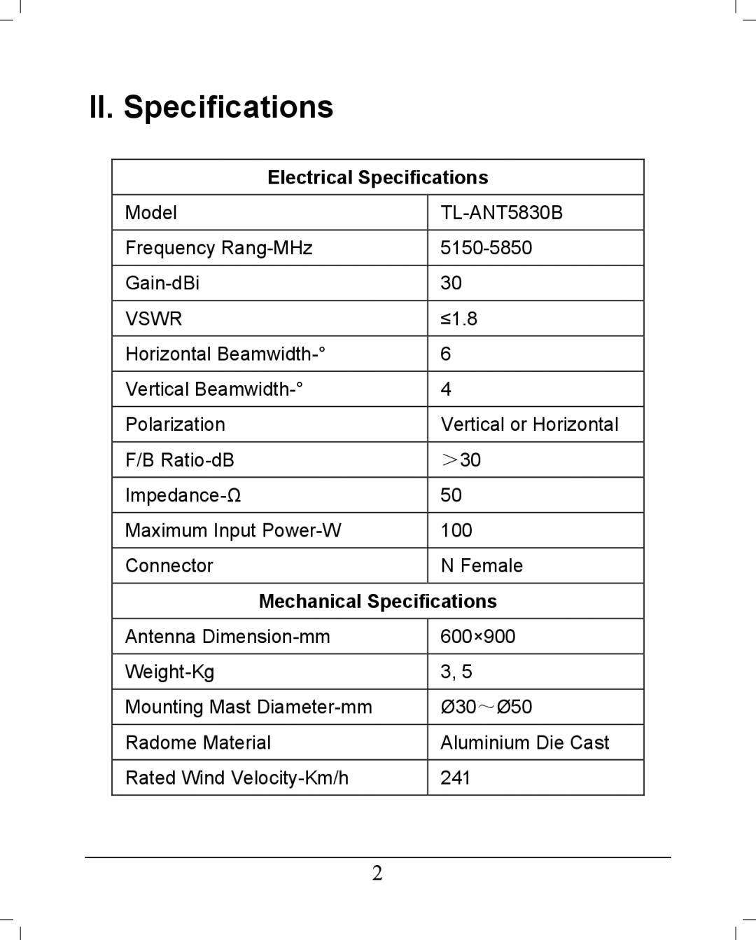 TP-Link TL-ANT5830B manual II. Specifications, Electrical Specifications 