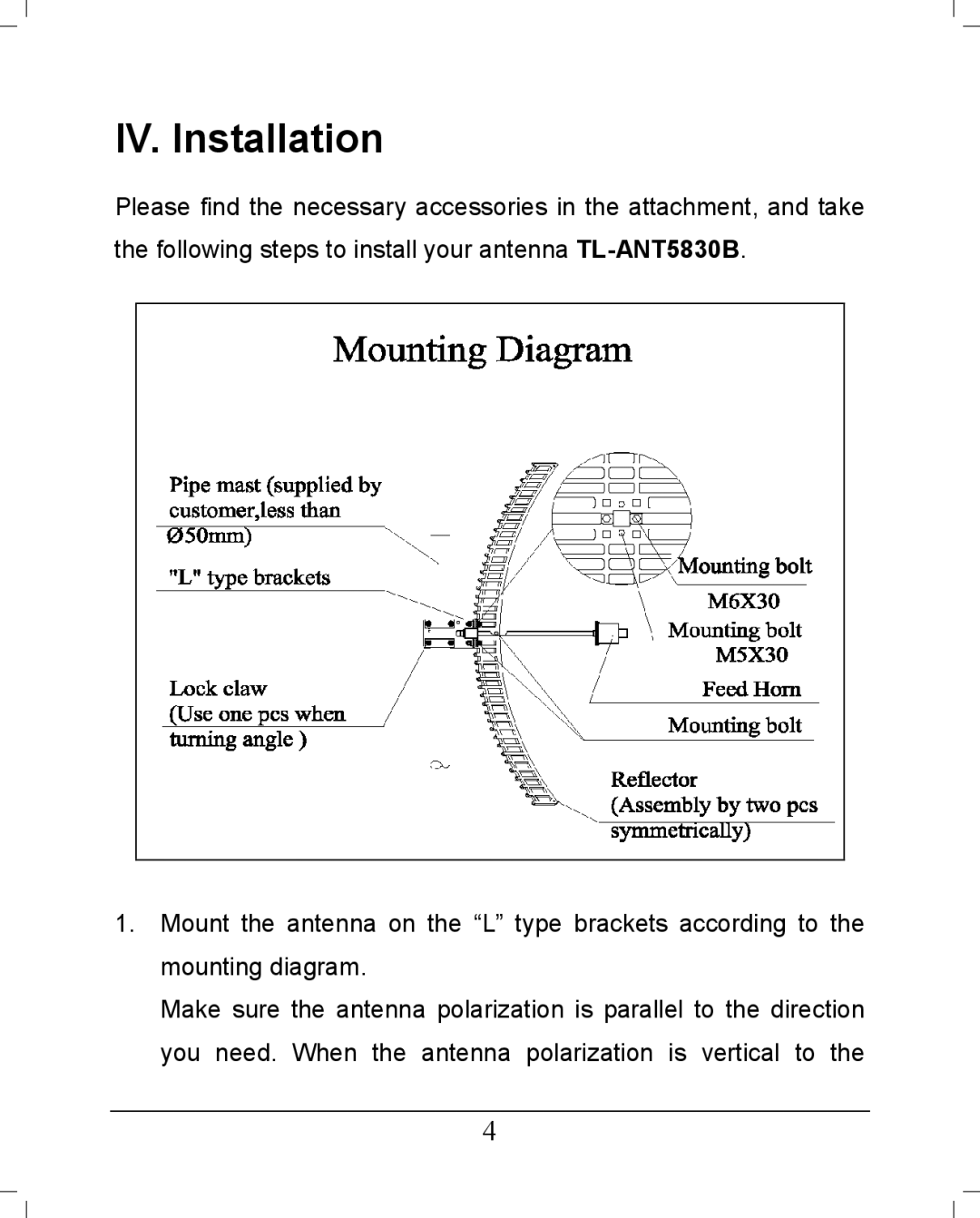 TP-Link TL-ANT5830B manual IV. Installation 