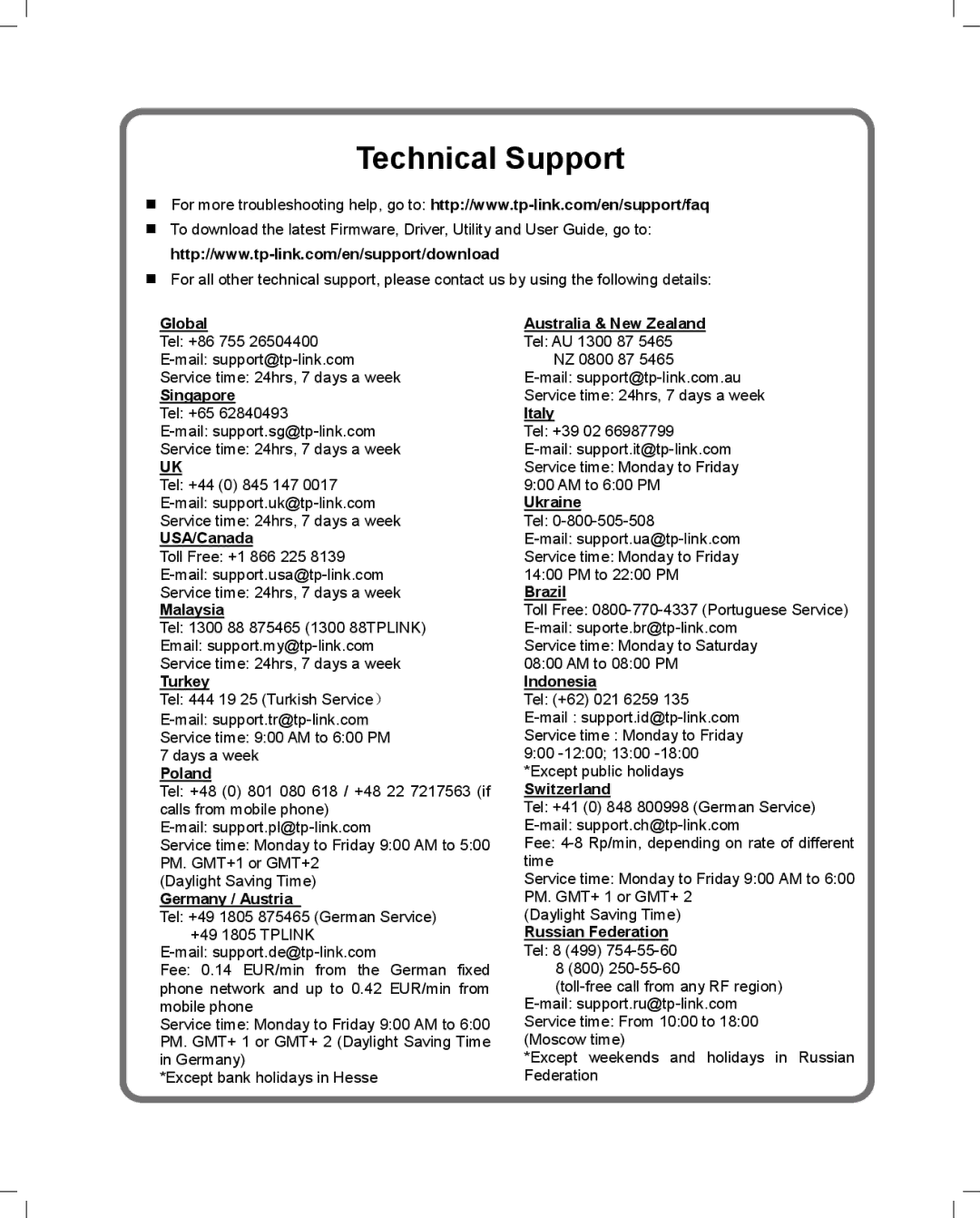 TP-Link TL-ANT5830B manual Technical Support 