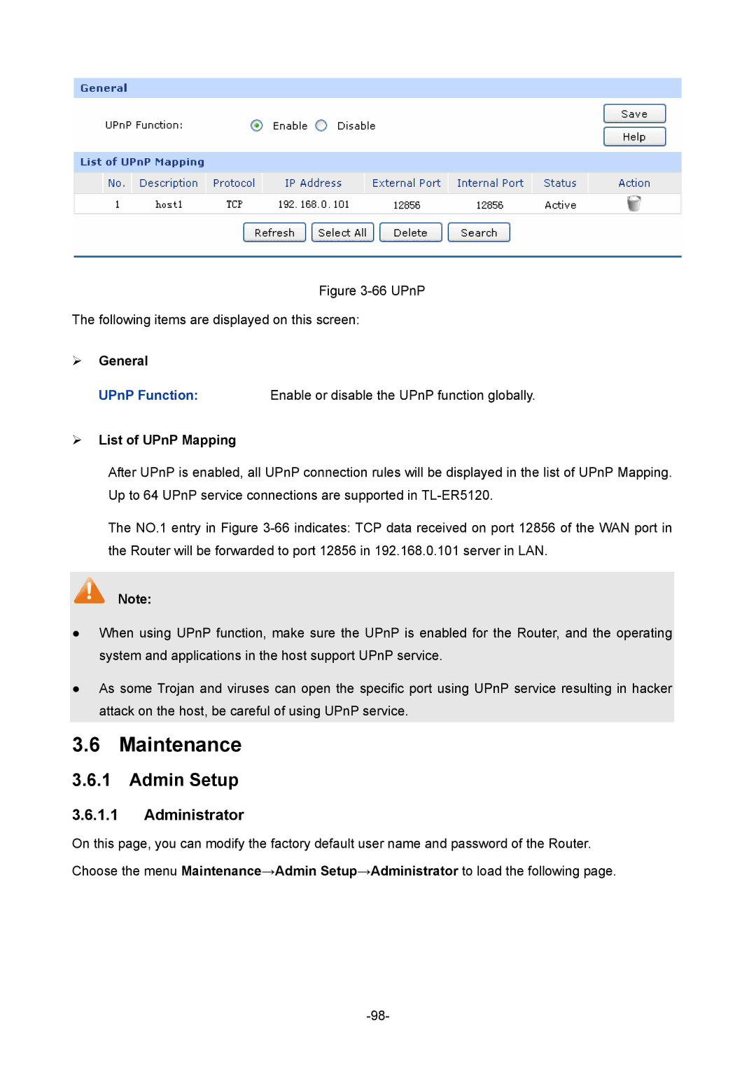 TP-Link TL-ER5120 manual Maintenance, Admin Setup, Administrator, ¾ List of UPnP Mapping 