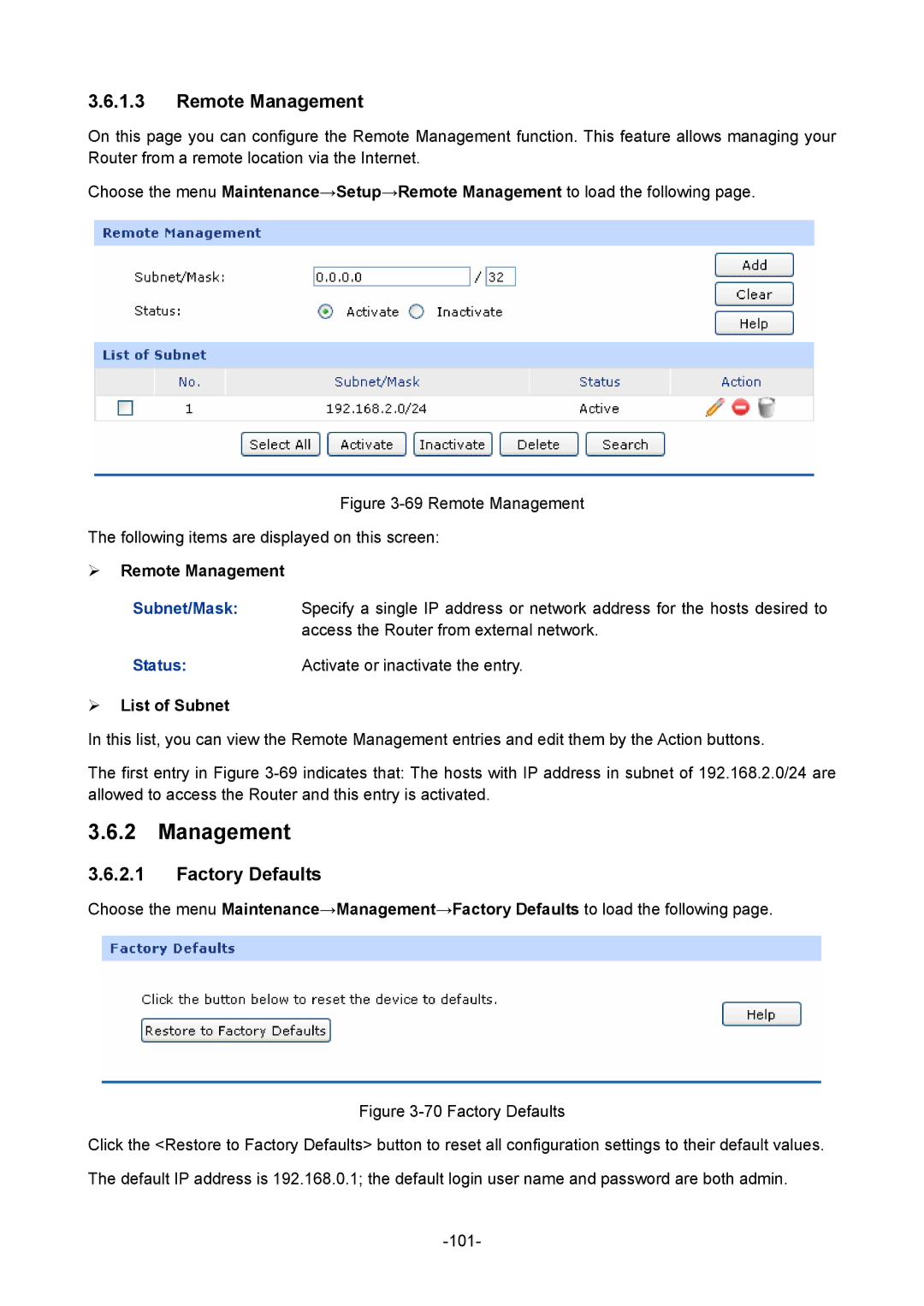 TP-Link TL-ER5120 manual Factory Defaults, ¾ Remote Management, ¾ List of Subnet 