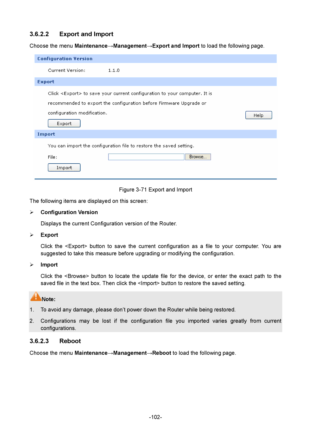 TP-Link TL-ER5120 manual Export and Import, Reboot, ¾ Configuration Version, ¾ Export, ¾ Import 