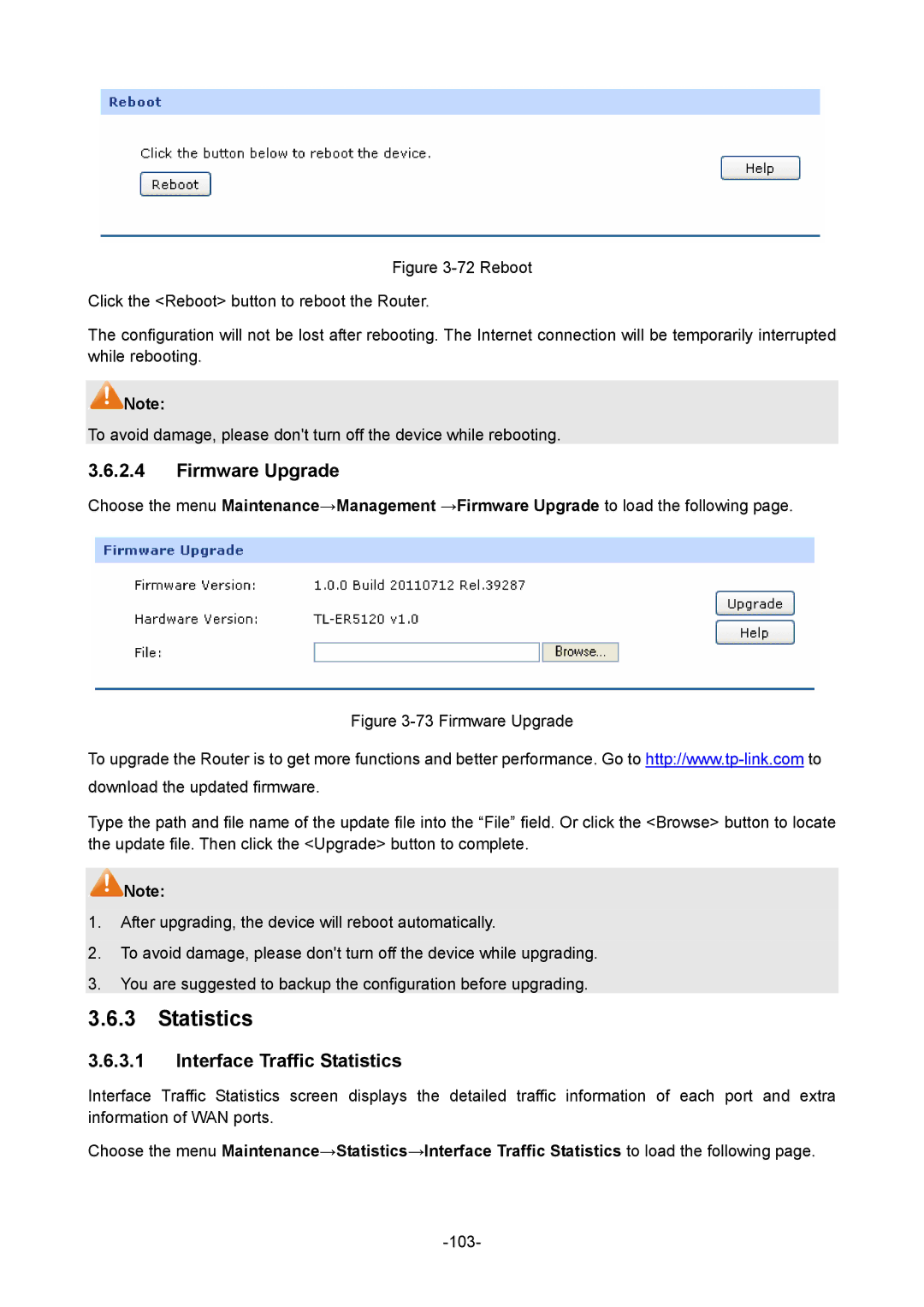 TP-Link TL-ER5120 manual Firmware Upgrade, Interface Traffic Statistics 