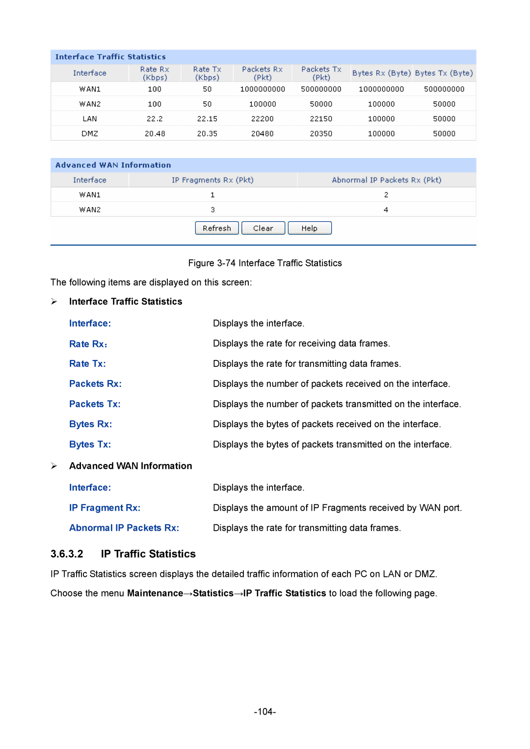 TP-Link TL-ER5120 manual IP Traffic Statistics, ¾ Interface Traffic Statistics, ¾ Advanced WAN Information 