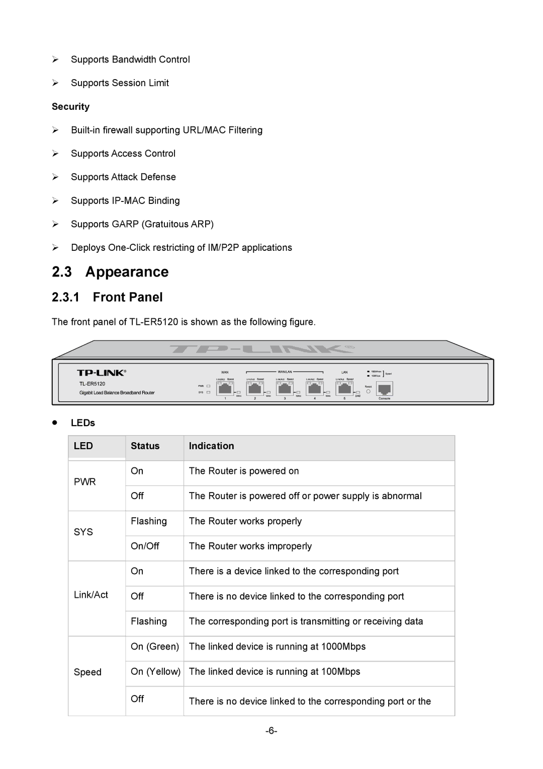 TP-Link TL-ER5120 manual Appearance, Front Panel, Security, LEDs, Status Indication 