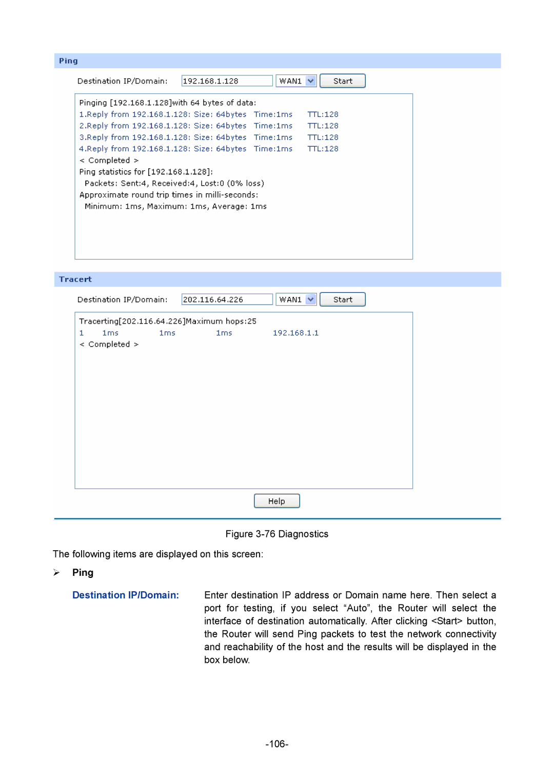 TP-Link TL-ER5120 manual Diagnostics Following items are displayed on this screen, ¾ Ping 