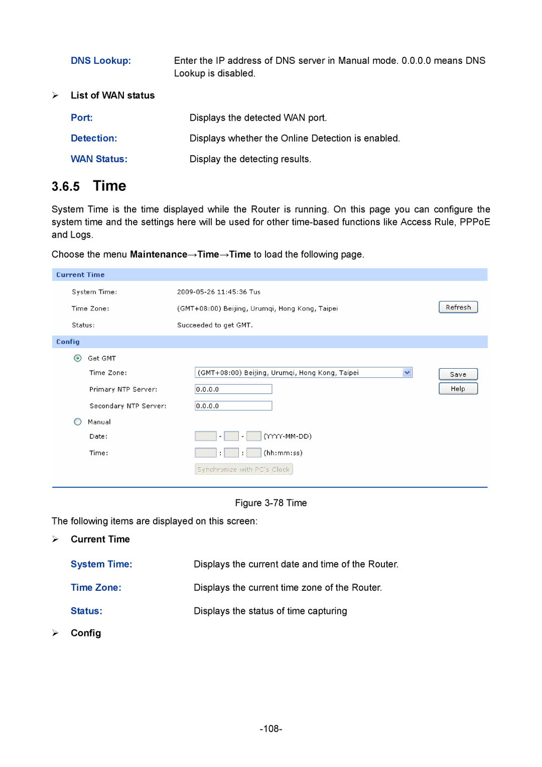 TP-Link TL-ER5120 manual Time, Port Displays the detected WAN port Detection, WAN Status Display the detecting results 