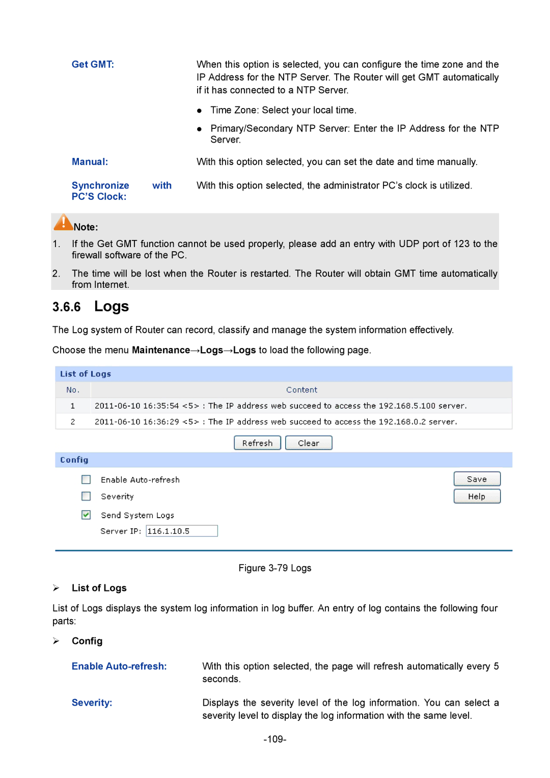 TP-Link TL-ER5120 manual Logs, Get GMT, Manual, Synchronize With, PC’S Clock 