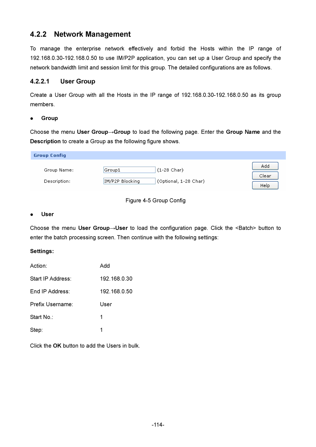 TP-Link TL-ER5120 manual Network Management, User Group, Settings 