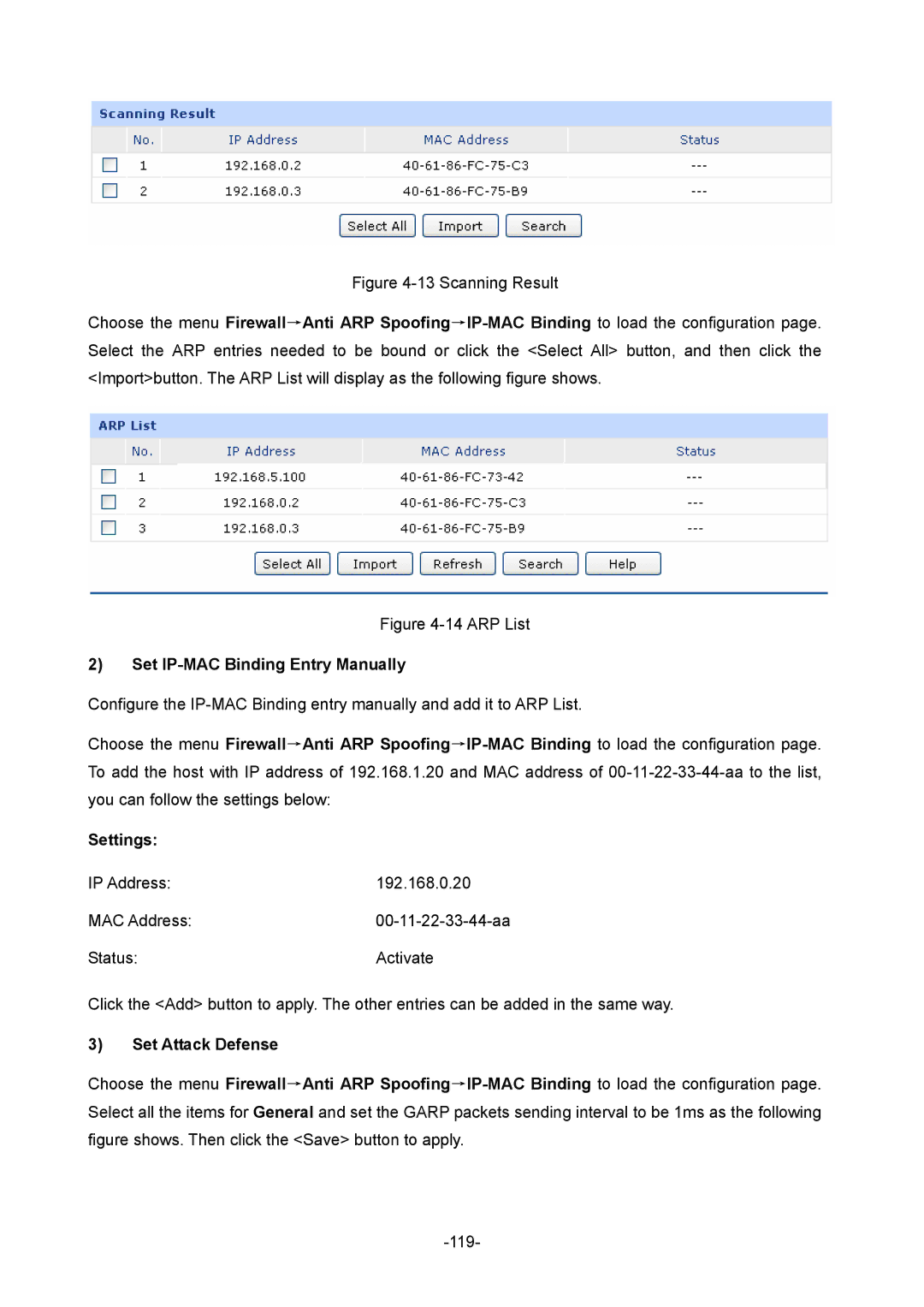 TP-Link TL-ER5120 manual Set IP-MAC Binding Entry Manually, Set Attack Defense 