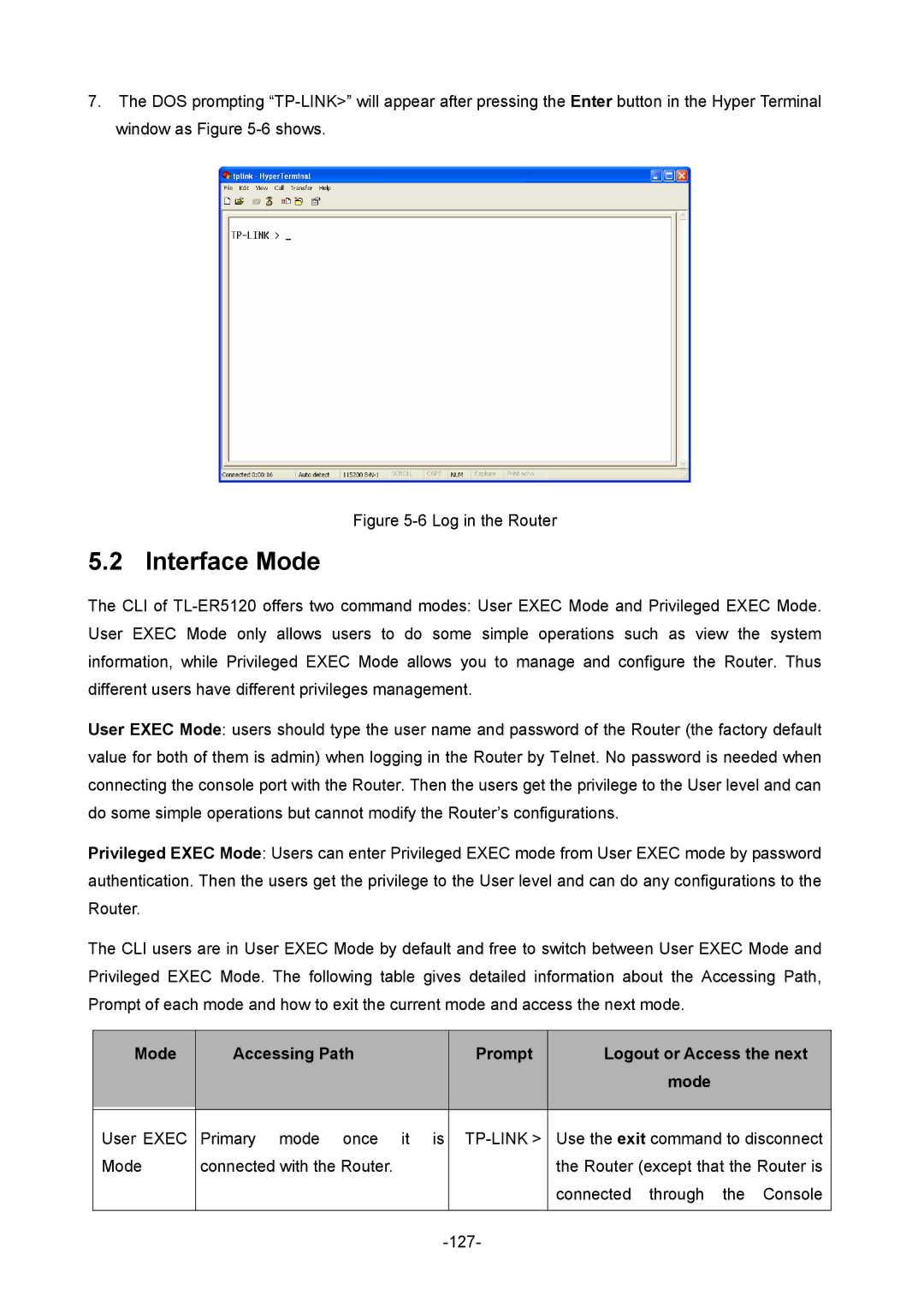 TP-Link TL-ER5120 manual Interface Mode, Mode Accessing Path Prompt Logout or Access the next 