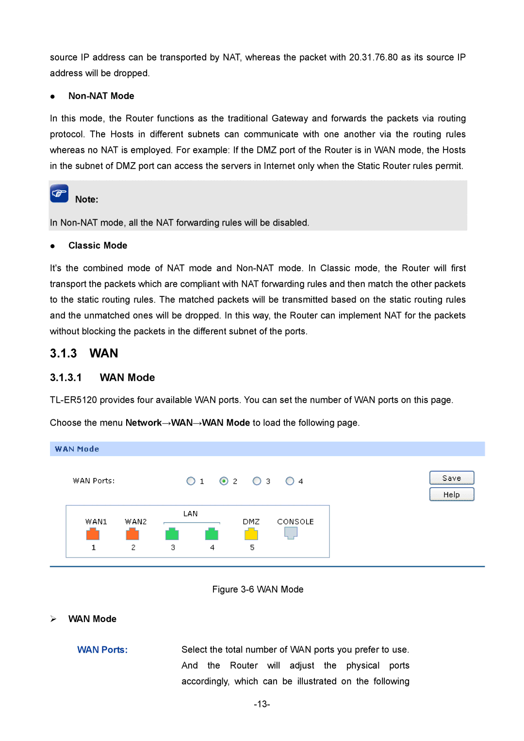 TP-Link TL-ER5120 manual 3 WAN, Non-NAT Mode, Classic Mode, ¾ WAN Mode 