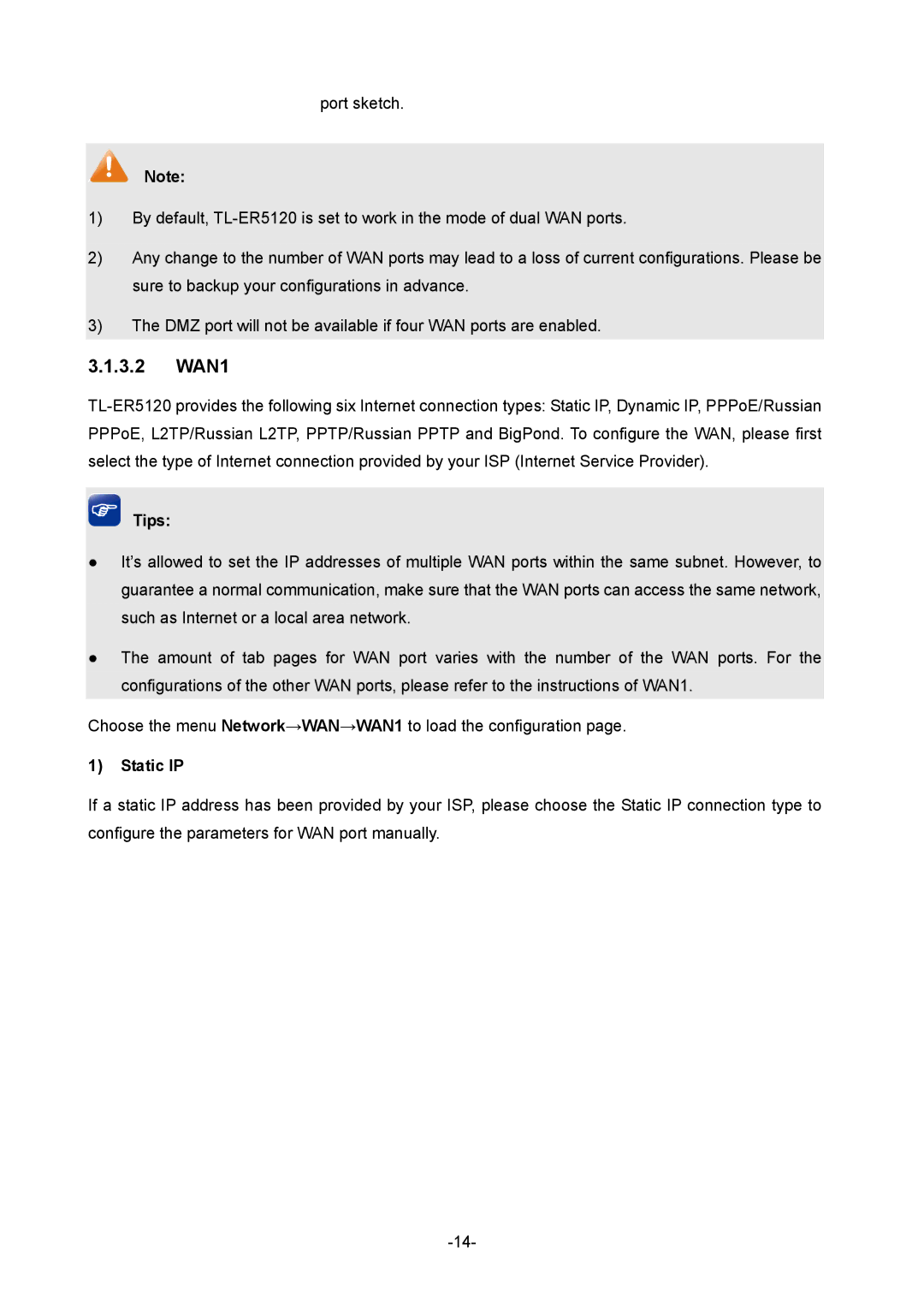 TP-Link TL-ER5120 manual 3.2 WAN1, Static IP 