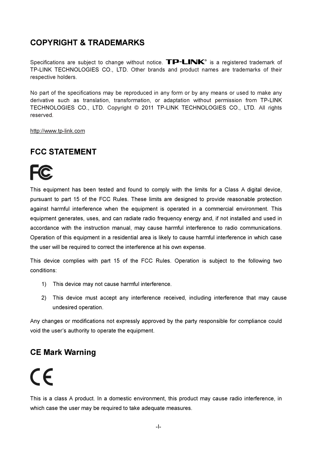 TP-Link TL-ER5120 manual Copyright & Trademarks FCC Statement 