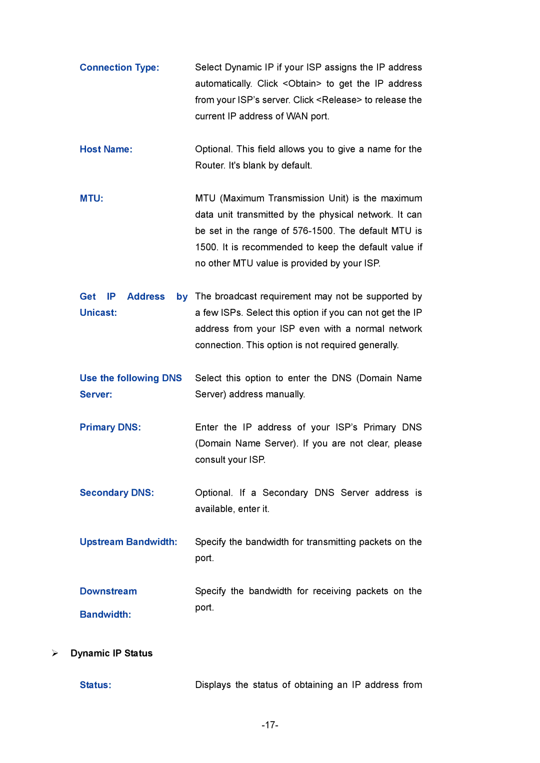 TP-Link TL-ER5120 manual Connection Type, Host Name, Get IP Address by, Unicast, Use the following DNS, Server, Primary DNS 