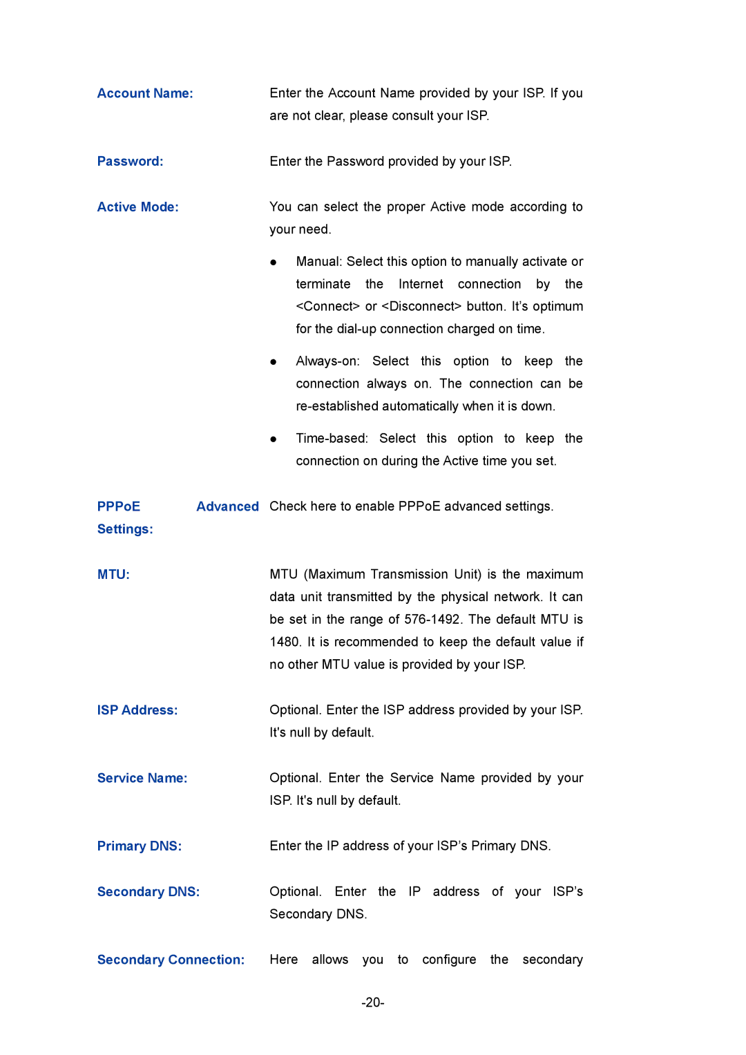 TP-Link TL-ER5120 manual Password, Active Mode, PPPoE Advanced, Settings, ISP Address, Service Name, Secondary DNS 